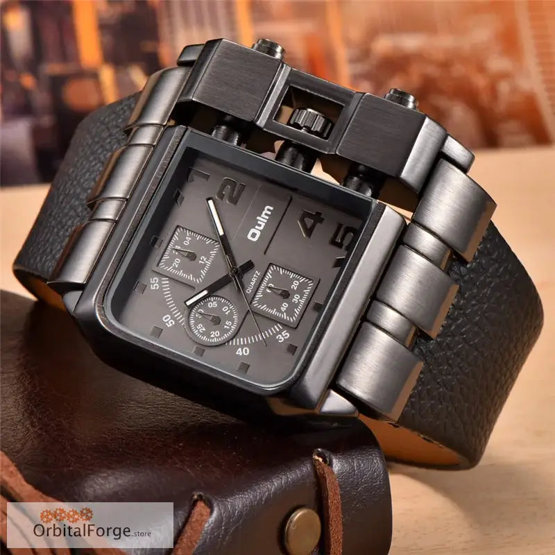 Oulm 3364 Square Men’s Quartz Watch with Black Leather Strap and Gunmetal Case