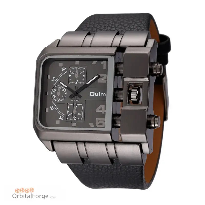 Square-faced gunmetal grey Oulm 3364 men’s quartz watch with black leather strap