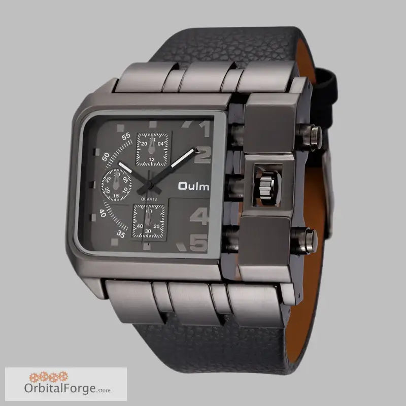 Square-faced gunmetal gray men’s quartz watch with black leather band by Oulm 3364