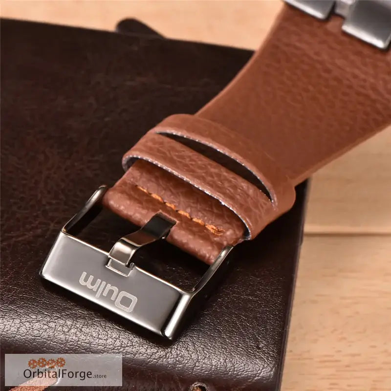 Brown leather band with silver buckle for Oulm Men’s Quartz Watch