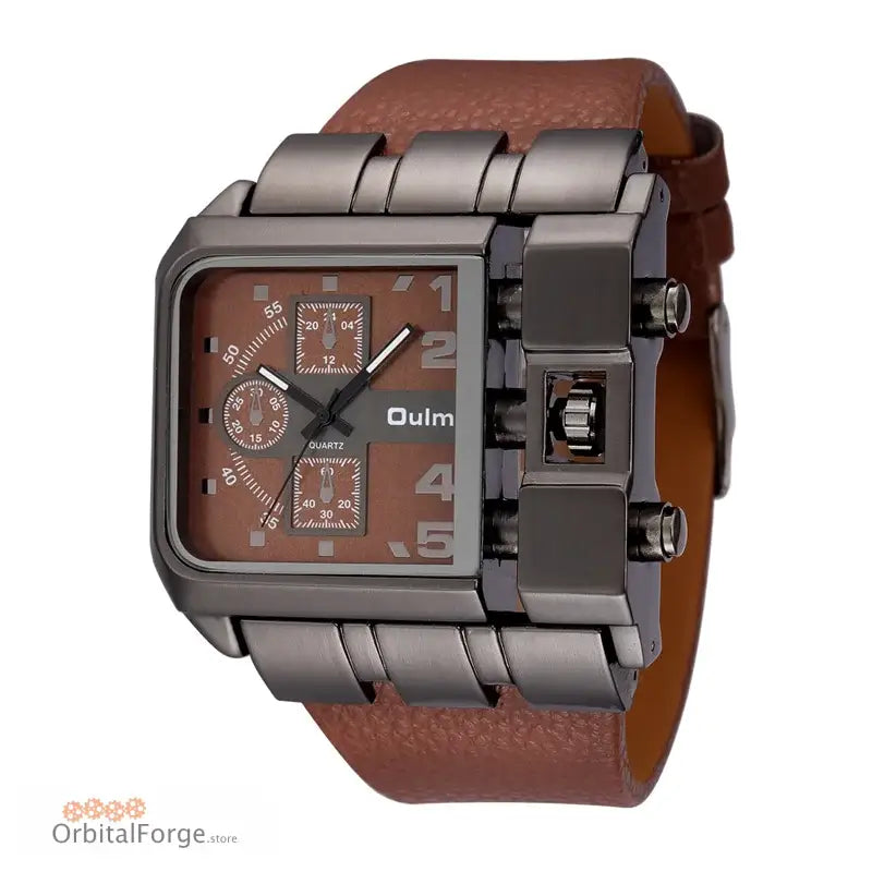 Square-faced Oulm Men’s Quartz Watch with brown leather band and gunmetal case