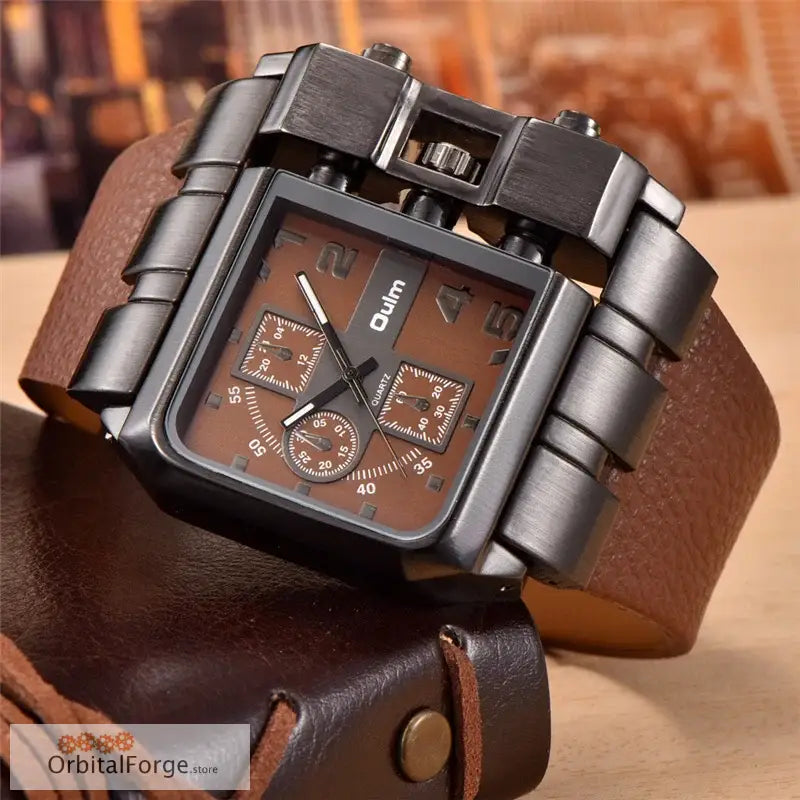 Oulm Men’s Quartz Watch with brown leather band and gunmetal grey case design