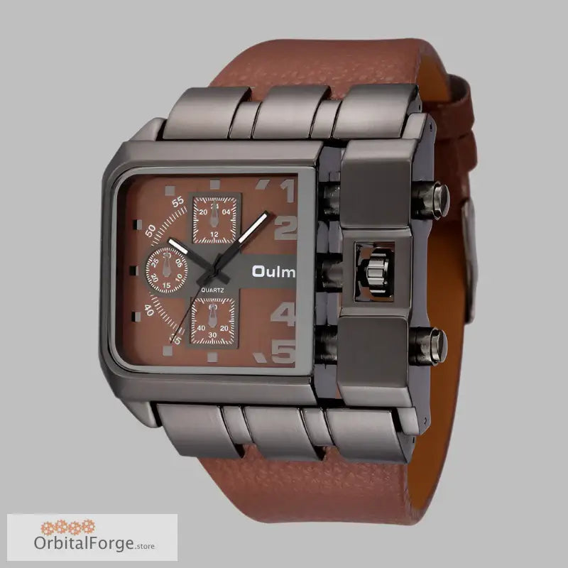 Square-faced Oulm Men’s Quartz Watch with Brown Leather Band and Gunmetal Case