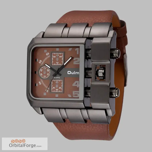 Square-faced Oulm Men’s Quartz Watch with Brown Leather Band and Gunmetal Case