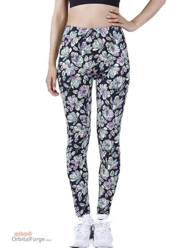 Pastel Floral Camouflage Leggings on black background, perfect for casual wear