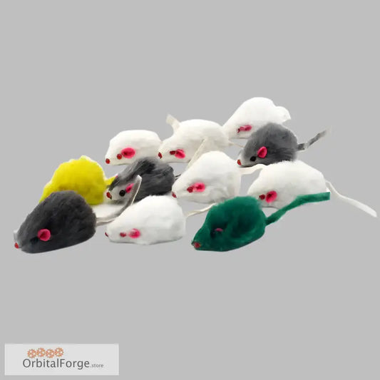 Collection of colorful rabbit fur mouse toys for cats and kittens with red eyes