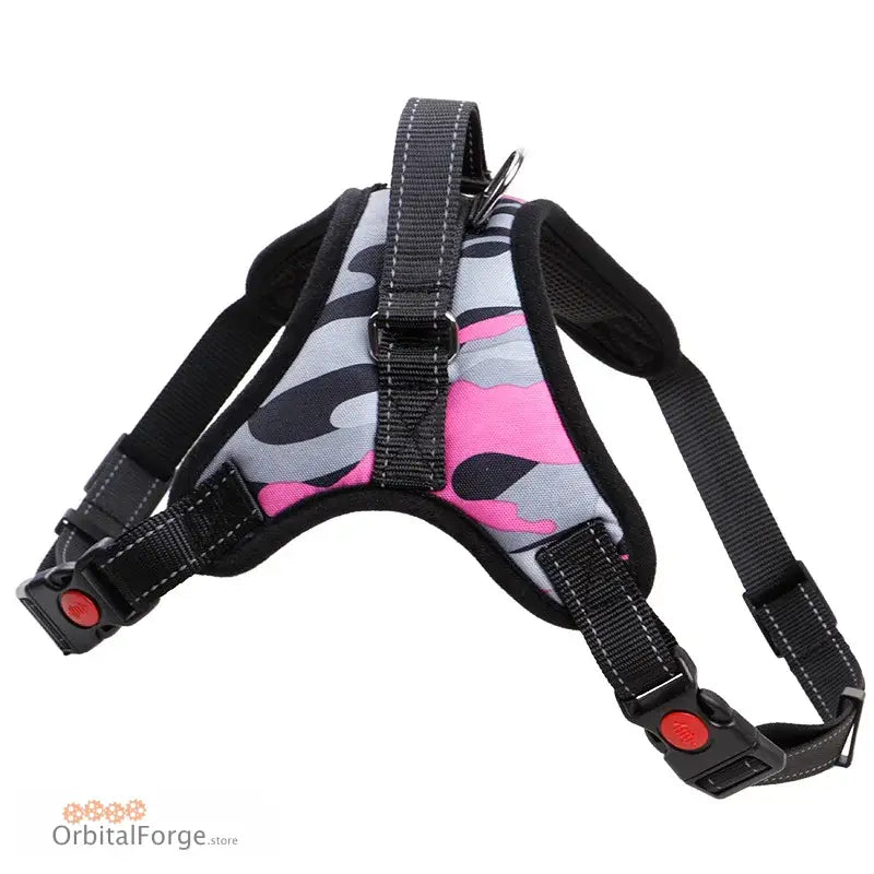 Pink and gray camouflage pattern dog harness with black straps and red buckles.