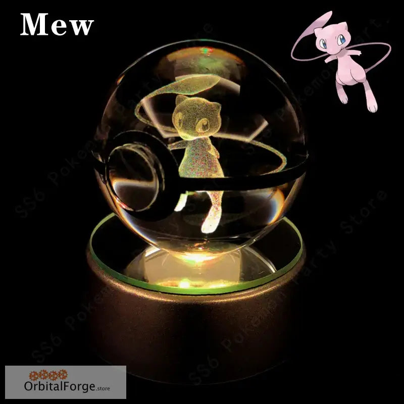 Pokemon Crystal Ball 3D Night Light - Pikachu Gengar Mew & Mewtwo Figures with LED Lamp Base Perfect Birthday Gift - Mew