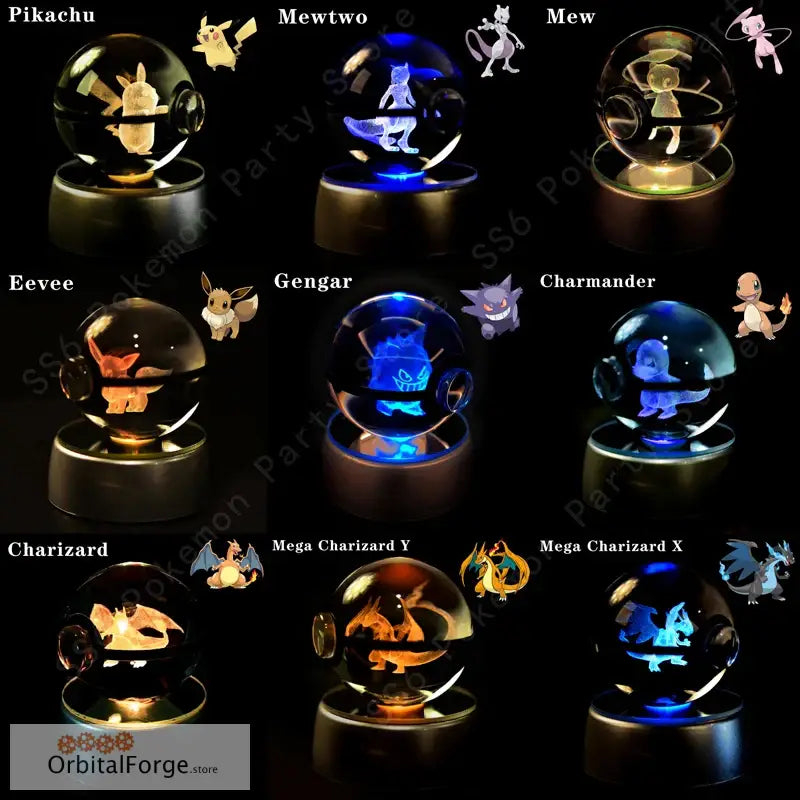 Pokemon Crystal Ball 3D Night Light - Pikachu Gengar Mew & Mewtwo Figures with LED Lamp Base Perfect Birthday Gift