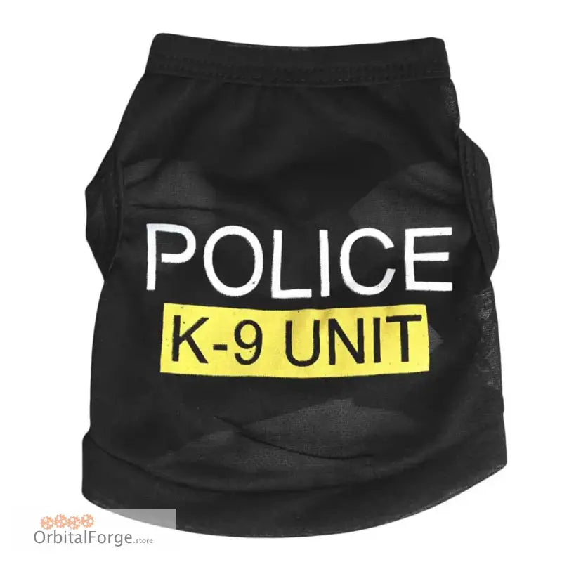 Black vest with ’POLICE K-9 UNIT’ text printed on it.