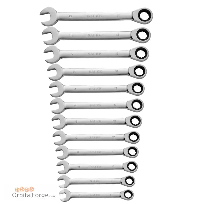 Polished CR-V Alloy Steel Ratchet Wrench Set with Pivoting Head in parallel rows