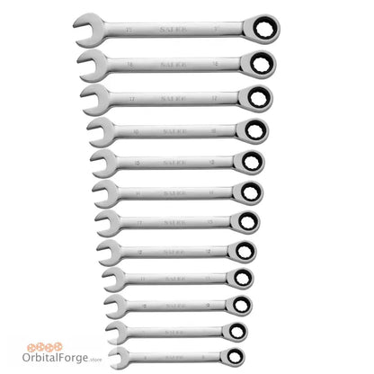 Polished CR-V Alloy Steel Ratchet Wrench Set with Pivoting Head in parallel rows