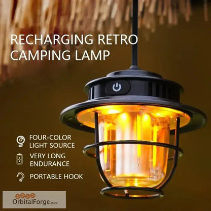 Retro-styled rechargeable camping lantern with a protective metal cage and warm glowing light.