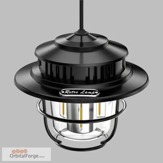 Black and silver hanging lantern with a tiered circular shade and glass enclosure.