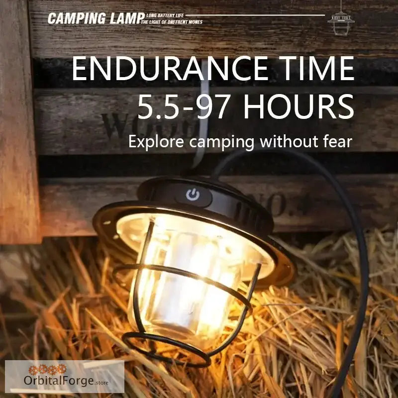 Glowing camping lantern with a protective metal cage frame.