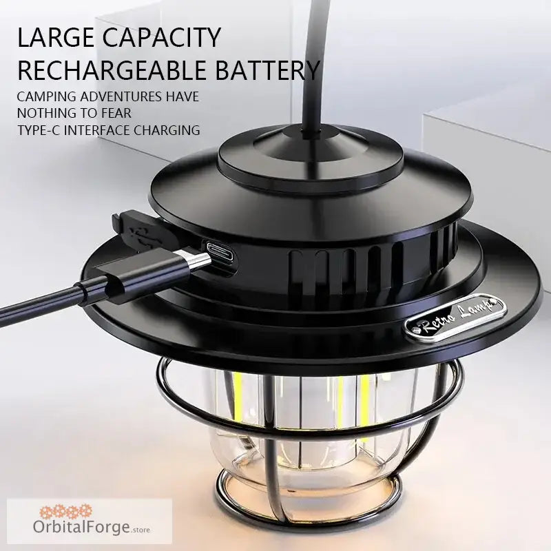 Rechargeable camping lantern with Type-C charging interface and LED lighting.