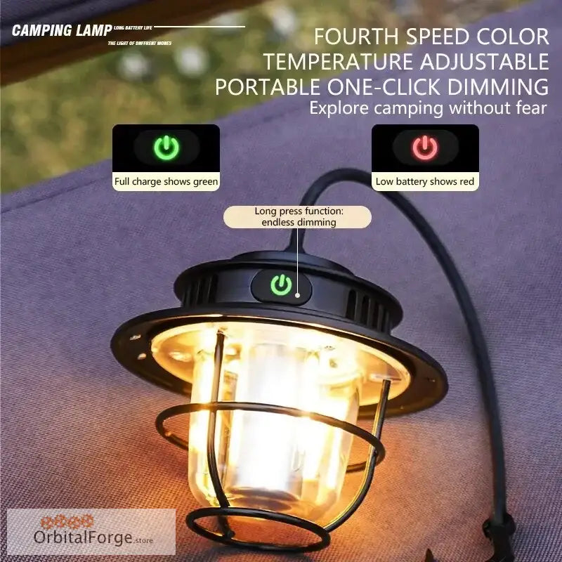 Portable camping lamp with adjustable brightness and color temperature controls.