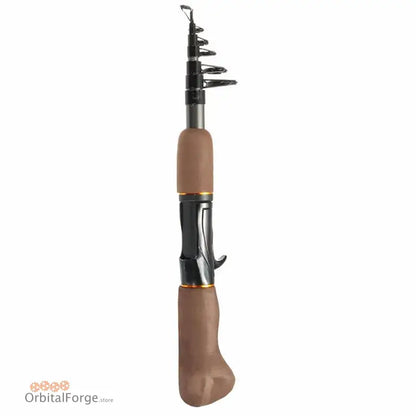 Telescopic fishing rod with brown handle grips.