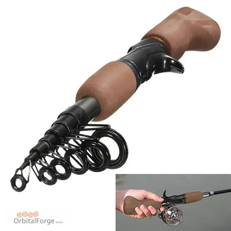 Telescopic fishing rod handle with brown grip and black extending segments.