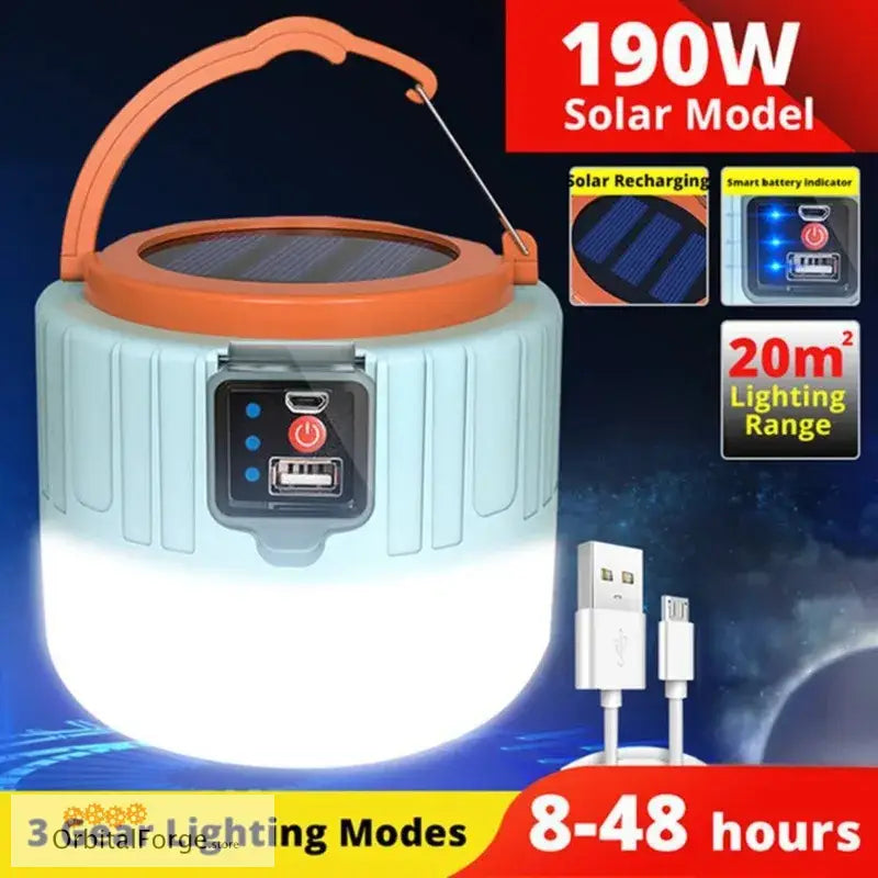 Solar-powered LED camping lantern with USB charging and multiple lighting modes.