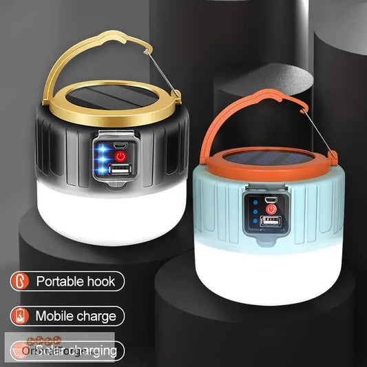 Portable LED camping lanterns with solar charging and mobile power bank capabilities.