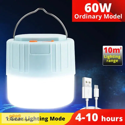 Portable LED camping lantern with USB charging and 60W output power.