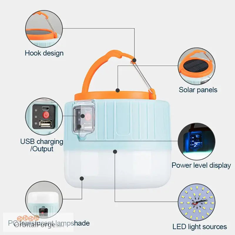 Portable solar-powered camping lantern with USB charging capability and LED lights.