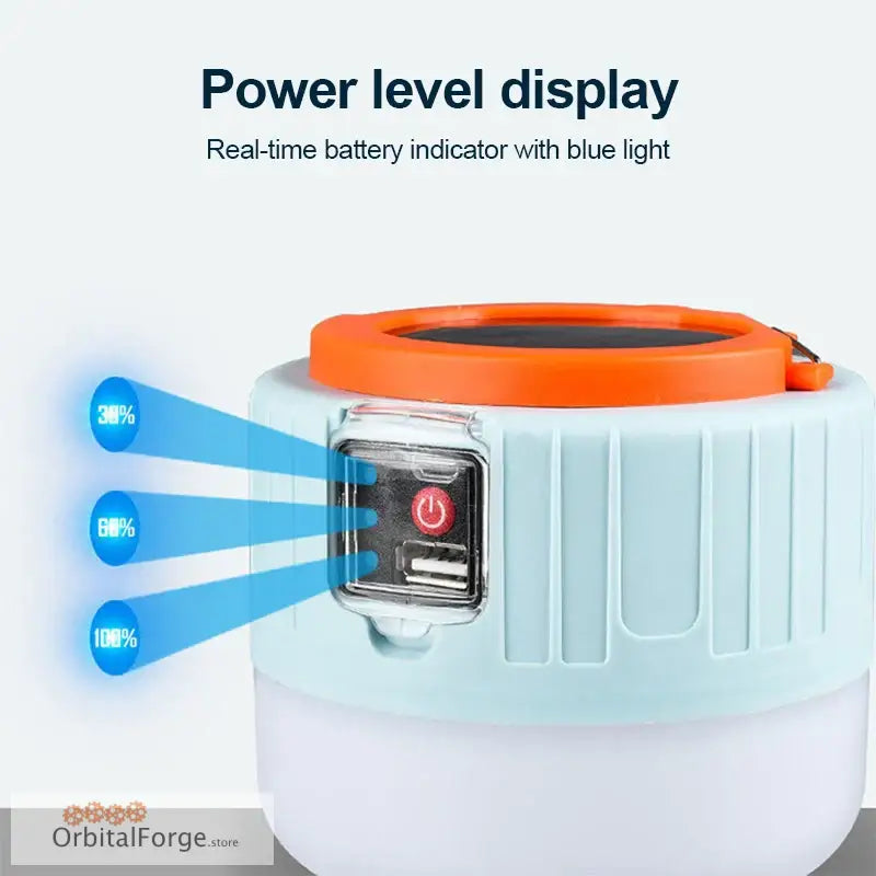 Portable camping lantern with battery level indicator lights and orange trim.