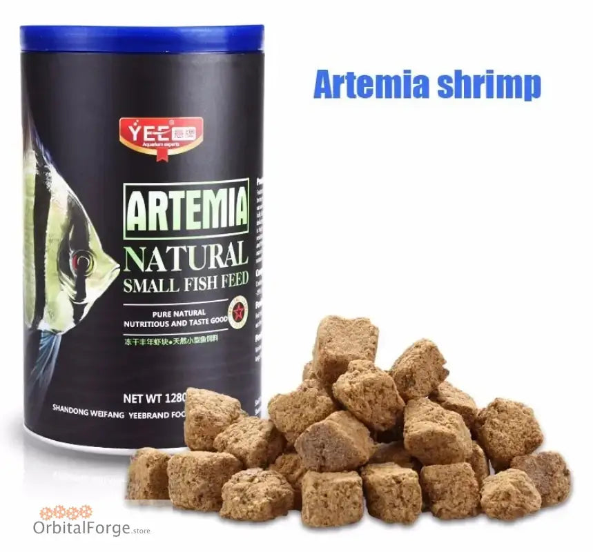 Artemia natural fish food container with dried shrimp cubes.