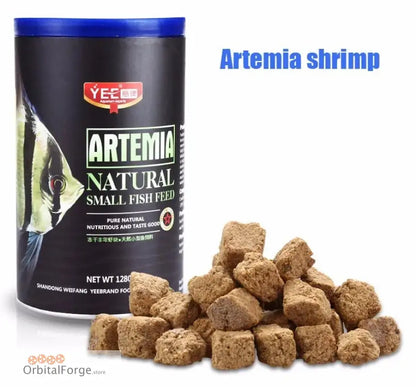 Natural artemia shrimp fish food in cube form with its product container.