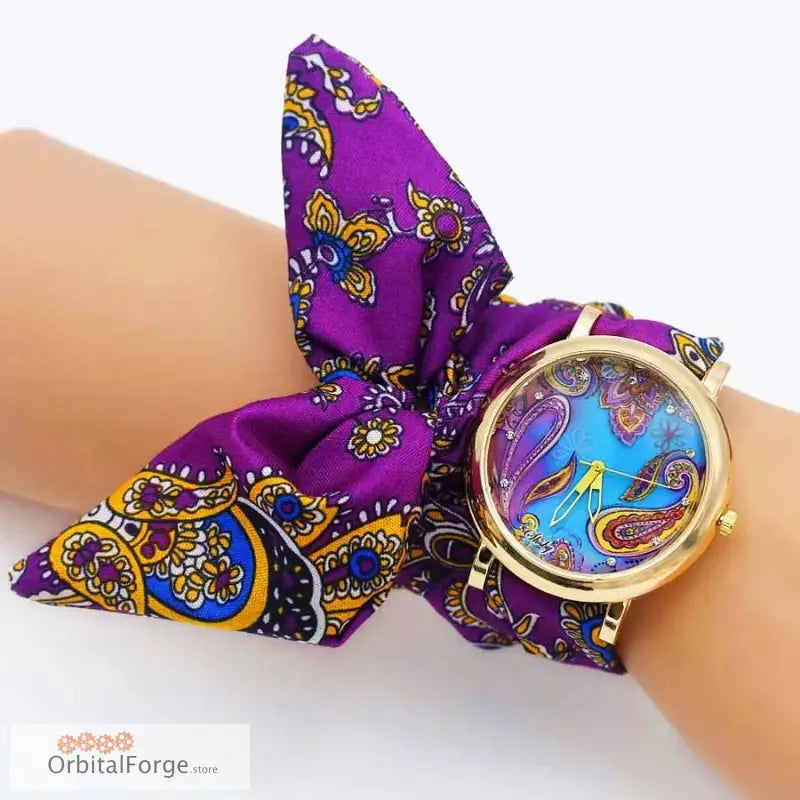 Colorful Fabric Bracelet Watch with Purple Paisley Floral Fabric Band in Bow Style