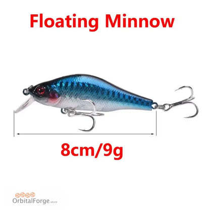 Blue and silver durable hard plastic minnow lure for catching Pike with treble hooks