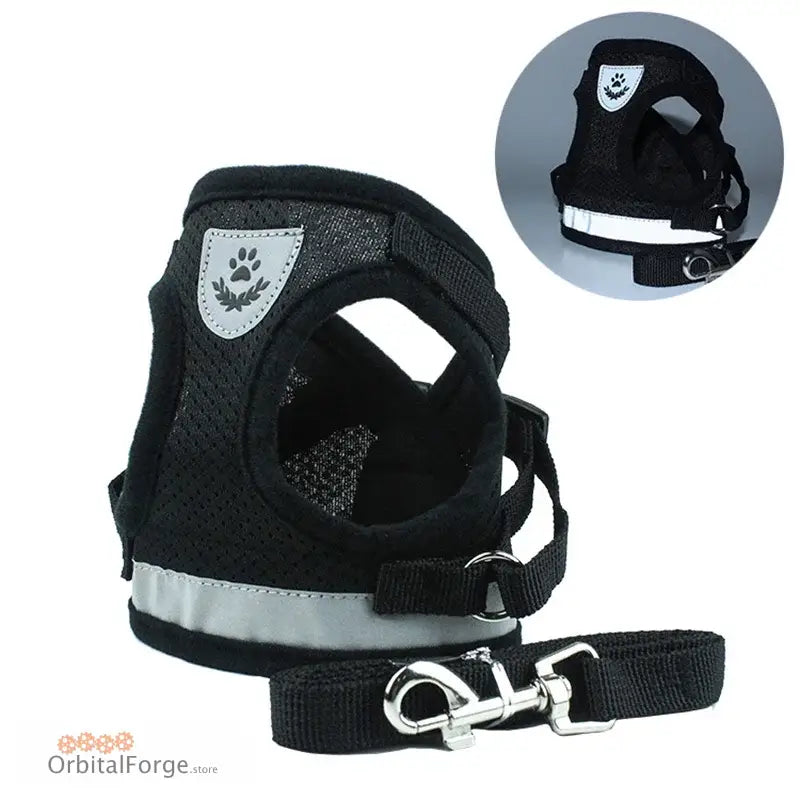 Black mesh dog harness with reflective trim and leash attachment.