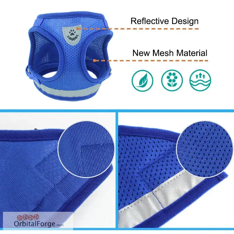 Blue mesh dog harness with reflective strips and breathable material.