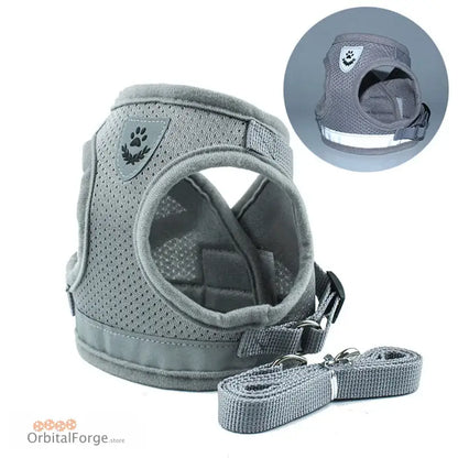 Grey mesh pet harness with an attached leash.