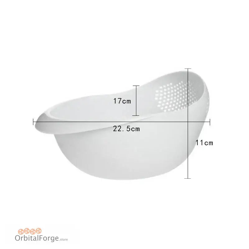 White plastic colander with dimensions.