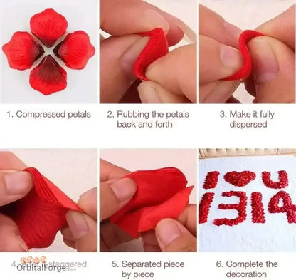 Step-by-step instructions showing how to arrange red rose petals into decorative text or numbers.