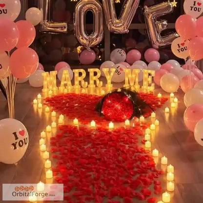 Illuminated ’MARRY ME’ text surrounded by candles and red rose petals.