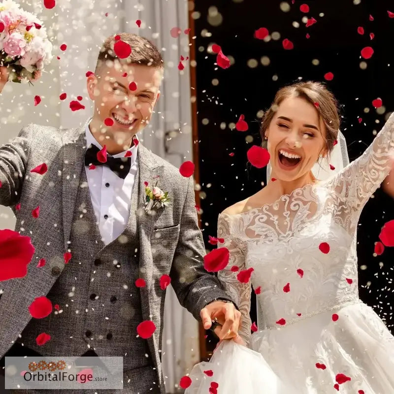 A joyful newlywed couple celebrating amid falling red rose petals.