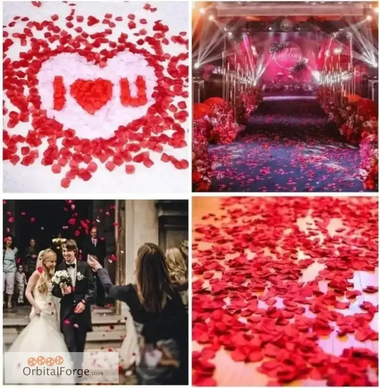 A romantic collage featuring red rose petals arranged in various Valentine’s and wedding-themed scenes.