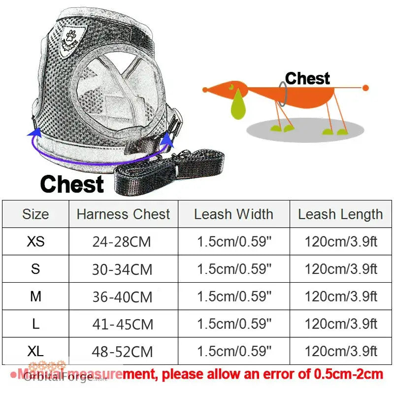 Mesh dog harness with attached leash and size measurement chart.