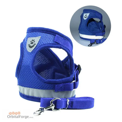 Royal blue mesh pet harness with reflective trim and paw print emblem.