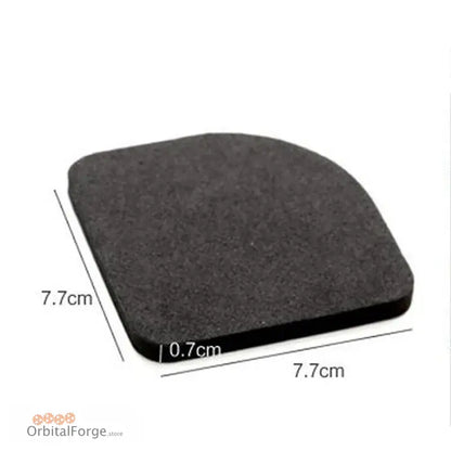 Square black foam pad with rounded corners measuring 7.7cm x 7.7cm x 0.7cm.