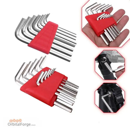 Set of Allen wrenches with red holder.