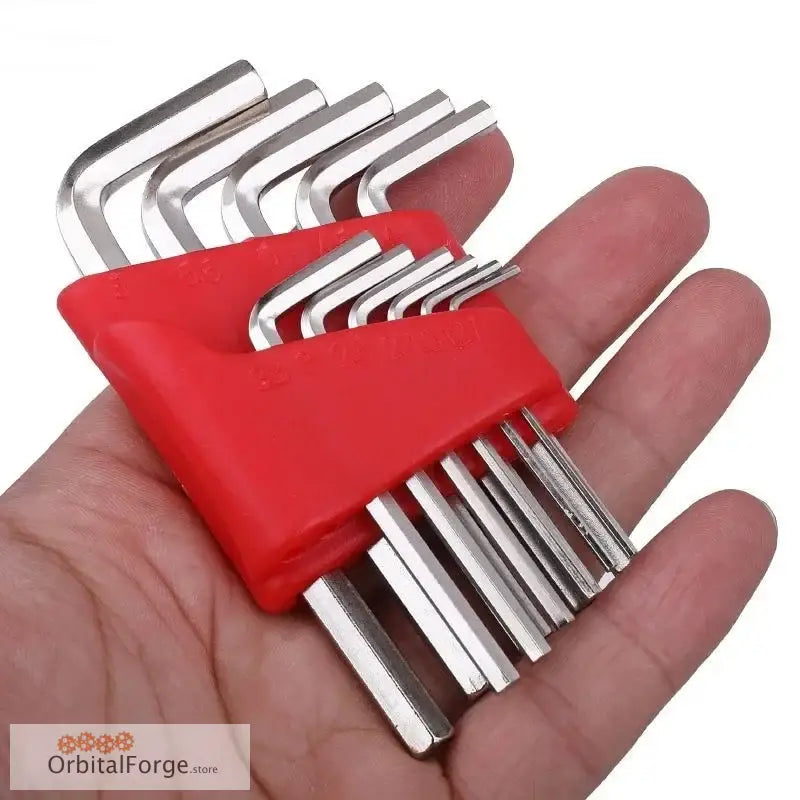 Set of Allen wrenches in a red holder.