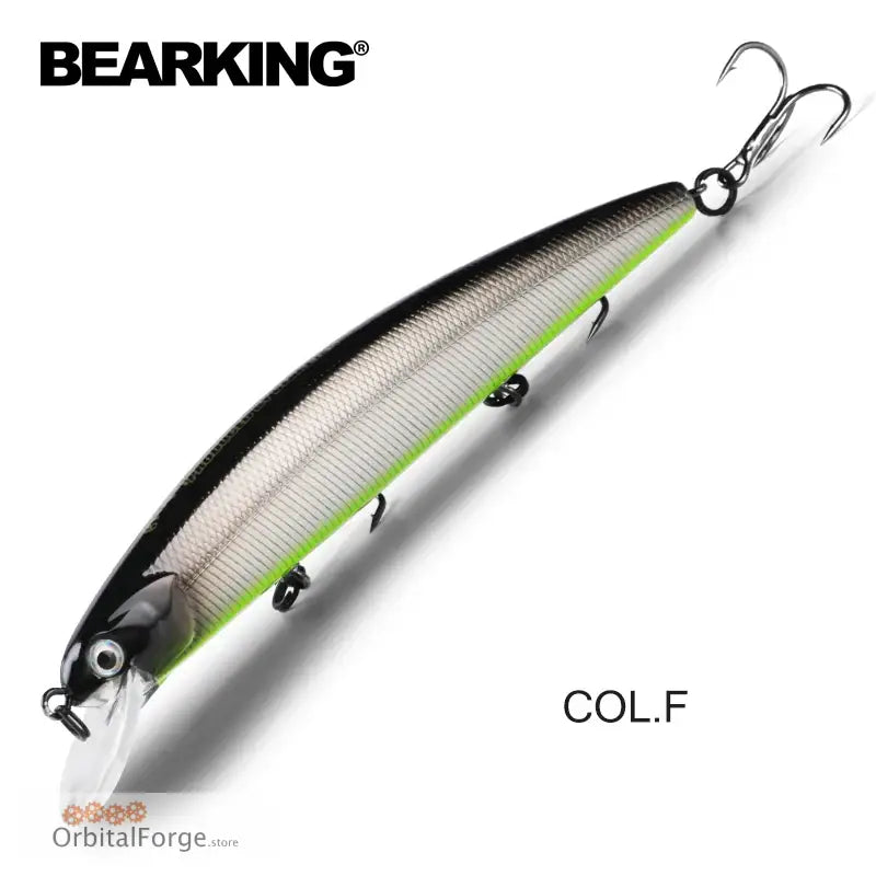 Silver and black fishing lure with green stripe and laser-printed fish skin design