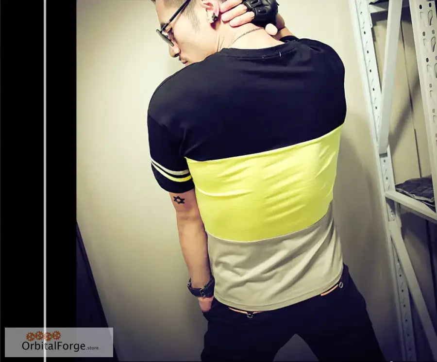 Slim Fit Color-Blocked T-Shirt in Cotton-Polyester Blend with Black, Neon Yellow, Gray Stripes