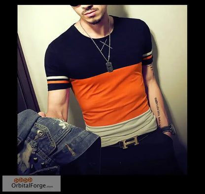 Slim fit Color-Blocked T-shirt in cotton-polyester blend with striped arm bands