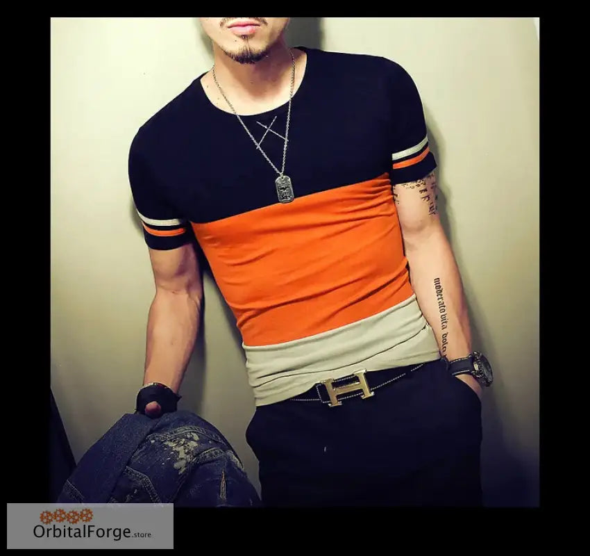 Slim Fit Color-Blocked T-Shirt in Cotton-Polyester Blend with navy, orange, beige stripes