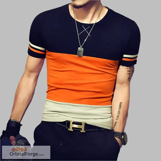 Slim Fit Color-Blocked T-Shirt in Cotton-Polyester Blend with Navy, Orange, Beige Panels